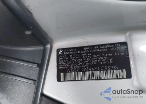 2000 BMW M from USA, damaged, VIN WBSCK9344YLC93918